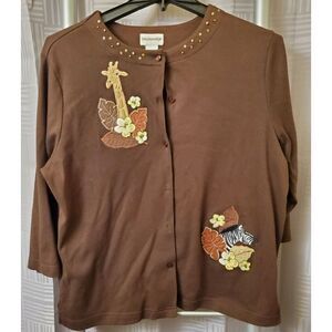 Breckenridge Brown XL Long Sleeve Crew‎ Neck Button Embroidered Giraffe Cardigan
